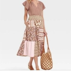 Universal Thread Patchwork Midi Skirt - Brown and Pink